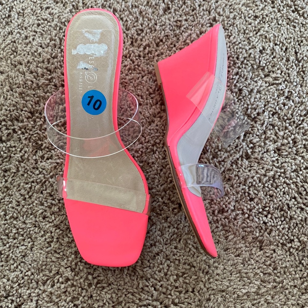 Chinese Laundry clear strap neon pink wedge sandals